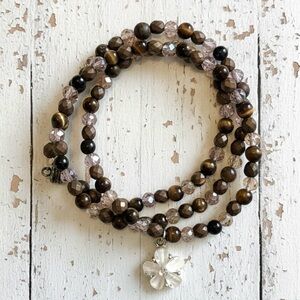 Tiger’s Eye,m & Faceted Bronze Hematite Triple Wrap Bracelet with a Flower Charm